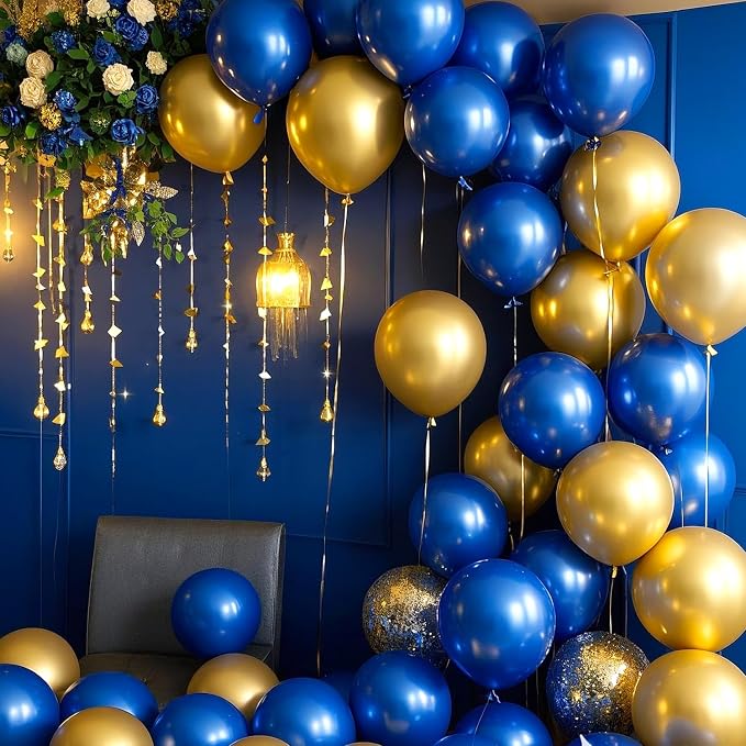 63 PCS Blue Golden Birthday Party Balloons Decorations for Men Women | with Photography Background Backdrop, Happy Birthday Sign Banner, Confetti Balloons