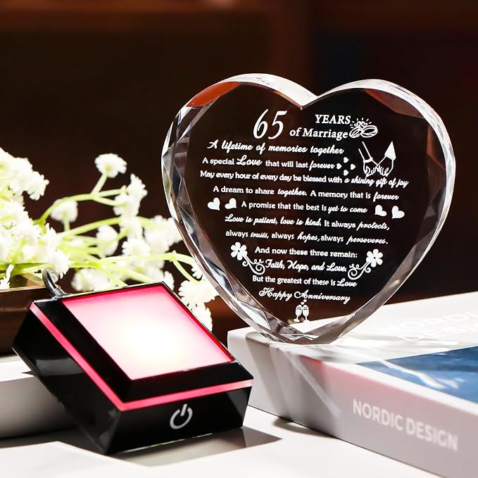 Happy 65th Wedding Anniversary Crystal Gifts for Couples Parents with Light Base, Romantic Heart 65th Anniversary Keepsake Gifts for Her Him, 65 Years of Marriage Gift for Wife Husband