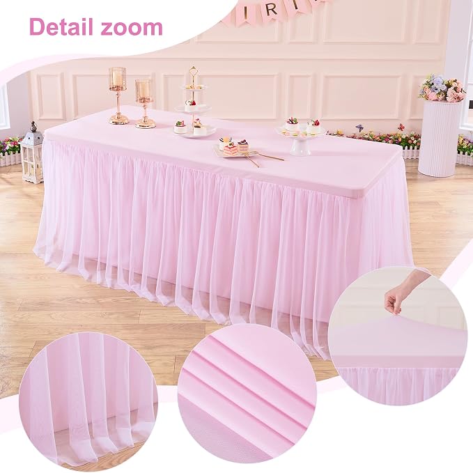 Baby Pink Table Cloth Spandex Table Covers 8ft Fitted Tulle Tablecloth Rectangular Desk Skirt Stretch Light Pink Table Cloths Covers Party Banquet Birthday Baby Shower Wedding Table Cloth, 2 Pack