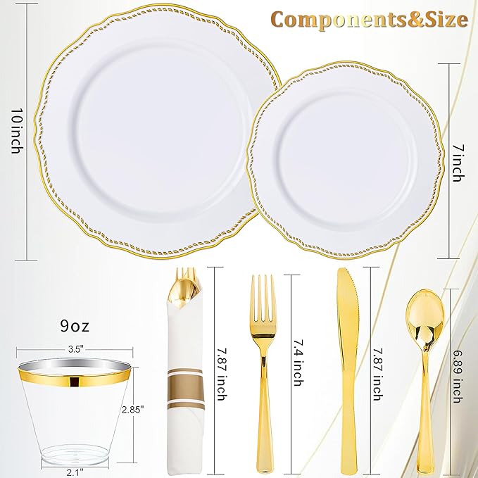 Hioasis 175pcs White and Gold Plastic Plates - Gold Plastic Dinnerware Set Includes 25 Dinner Plates, 25 Dessert Dinnerware, 25 Cups, 25 Rolled Napkin Cutlery Perfect for Wedding & Party