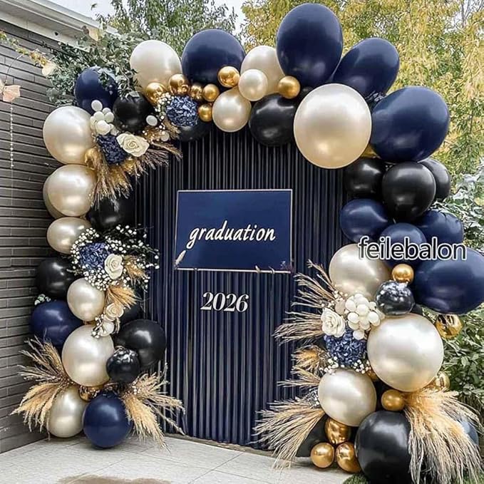 Navy Blue Black Balloon Arch - Double Stuffed Pearl White Sand, Dark Royal Blue Gold Balloon Garland Kit for Birthday 2026 Graduation Men Anniversary Prom Wedding Party Decoration