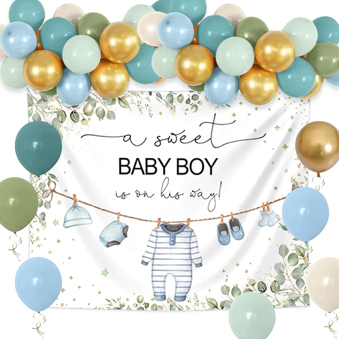 Greenery Baby Shower Decorations Boy A Sweet Baby Boy is On The Way Backdrop for Boy Birthday Party Decor Sage Green Balloons Oh Boy Baby Shower