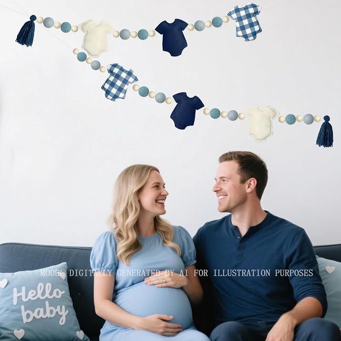 Dusty Blue Plaid Baby Clothes Decorations Pre-Strung Handmade Felt Baby Clothes Wooden Bead Wool Felt Ball Banner Garland for Sweet Baby Boy It's a Boy Baby Shower Party Nursery Fireplace Home Decor