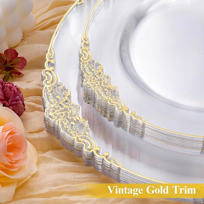 Bestluck 100 PCS Clear and Gold Plastic Plates for 50 Guests, Clear Disposable Plates Include 50 PCS Dinner Plates, 50 PCS Dessert Plates for Party, Wedding