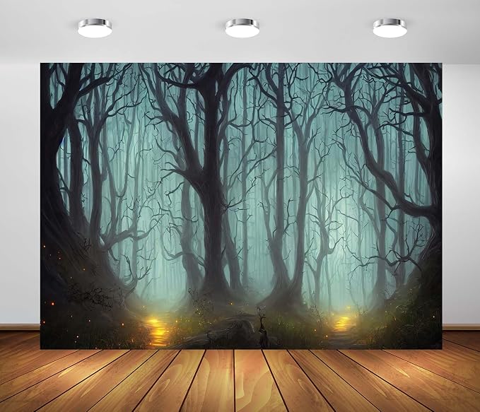 Dark Mystical Forest Backdrop Fabric 12x8ft Creepy Night Foggy Woods Path Gloomy Scene Background for Scary Themed Party Decor Halloween Witch Party Decorations Adults Photoshoot Props