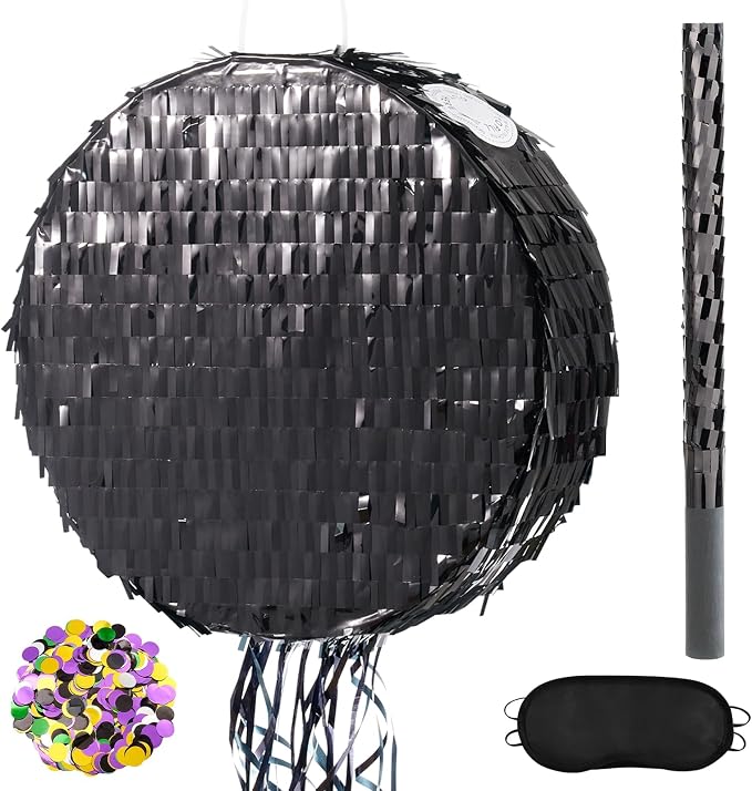 WERNNSAI Black Round Piñata for DIY - Halloween Black Moon Piñata for Kids DIY Birthday Party Disco Decoration for Adult Night Party Supplies with Confetti Bat Blindfold, 12.2”x 12.2”
