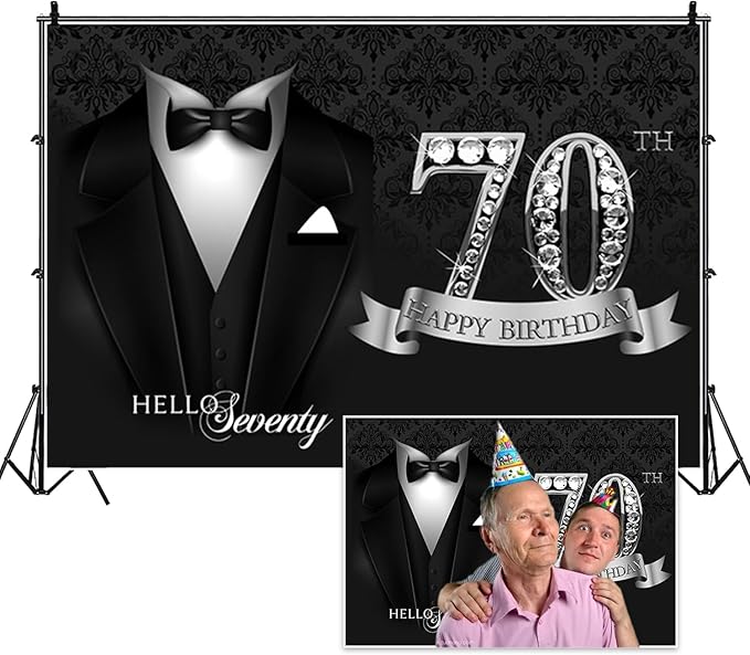 15x10ft Men 70th Birthday Tuxedo Backdrop Black Necktie Suit Tuxedo Silver Diamonds 70th Happy Birthday Photography Background Hello Seventy Father Grandpa Luxury Birthday Party Supplies