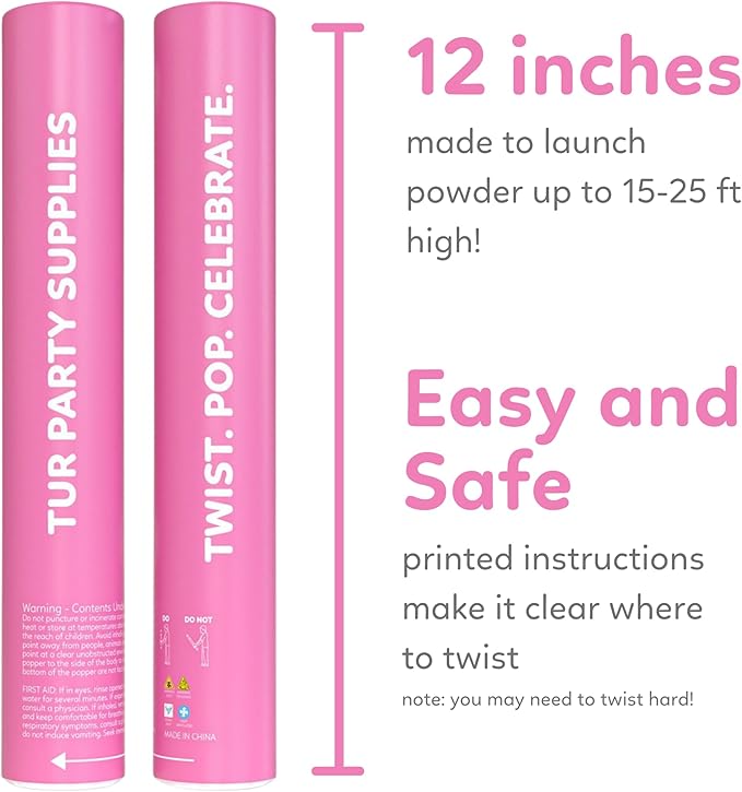 Pink Powder Cannons Smoke Bombs Biodegradable Poppers | 2 Pack | Launch up to 25 ft | 12 inch | Decorations For Photoshoots, Gender Reveal, Celebrations, Festivals, and Parties | TUR Party Supplies