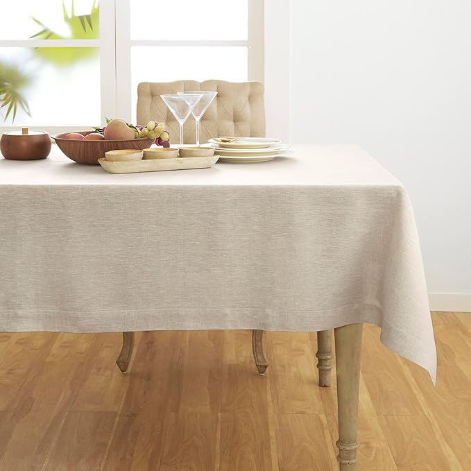 Solino Home Light Natural Linen Tablecloth 52 x 52 Inch - 100% Pure Linen Square Table Throw - Athena, Machine Washable Tablecloth for Summer