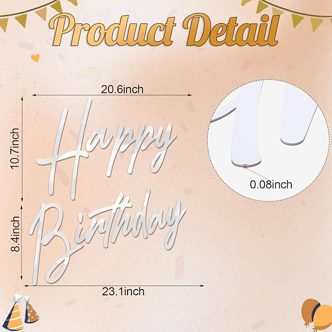 Yousoontic Happy Birthday Sign for Backdrop Large Happy Birthday Sticker Letter Acrylic Mirror Decal for Balloon Arch Wall Kpop Party, Peel Off Acrylic Film(23 x 20 Inches,Classic,White)
