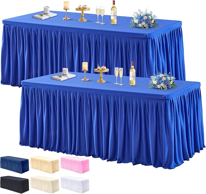 PARTISKY 2 Pack Royal Blue Tablecloths for Rectangle Tables 8ft, Wrinkle Resistant Spandex Table Cover Fitted Stretch Table Cloth with Pleated Ruffle Skirts for Party Banquet Dining Birthday Wedding