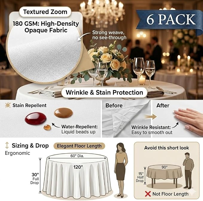 6 Pack White Round Tablecloths 120 inch -Polyester Table Covers for 60 inch Circular Tables, Floor Length Drop - Wrinkle & Stain Resistant, Washable for Wedding, Banquet, Party, Events