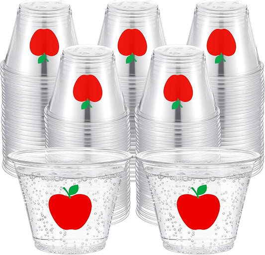 LemonRoad 100 Pack Apple Theme Cups Back to School Party Supplies 9 oz Red Apple Disposable Clear Plastic Cocktail Cups Hot Cold Beverage Drinks for Classroom First Day of School Table Decorations