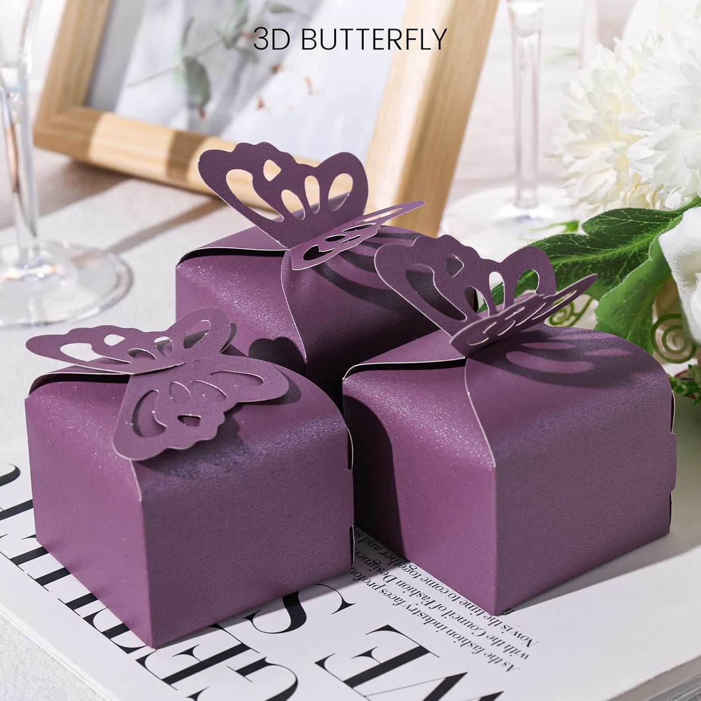 VGOODALL 50PCS Party Favor Boxes, 2.4" x 2.4" x 1.8" 3D Butterfly Candy Boxes Purple Baby Shower Favors for Wedding Birthday Party Gift