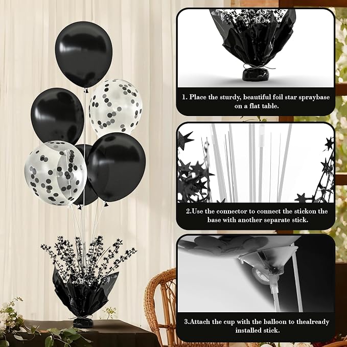 4 Set Black Table Balloons Foil Spray Centerpiece with Black and Confetti Balloons Stand Kit for Birthday Party Baby Shower Wedding Bridal Shower Prom Retirement Graduation Table Decorations