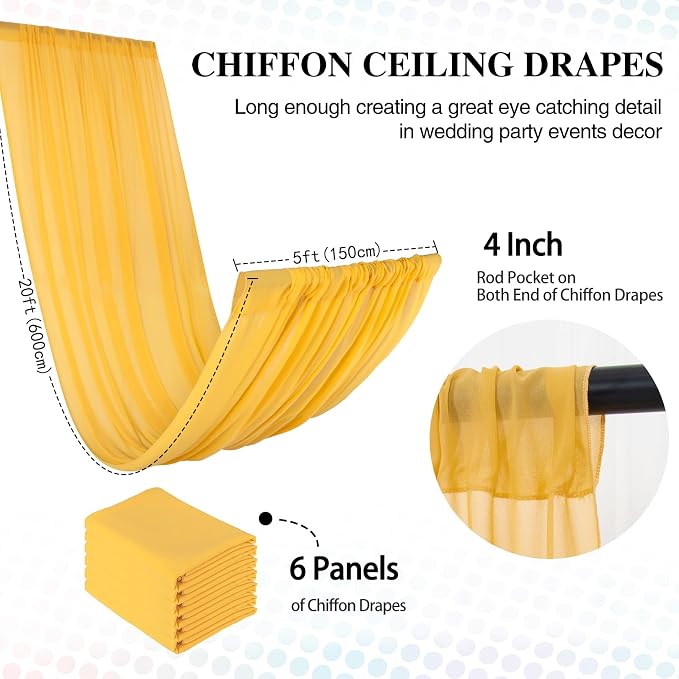 DUOBAO Chiffon Ceiling Drapes 20FT 6 Panels Gold Sheer Wedding Backdrop Curtains for Indoor Events Banquet Hall Tent Drapery Soft Draping Fabric for Arches Christmas and Photography