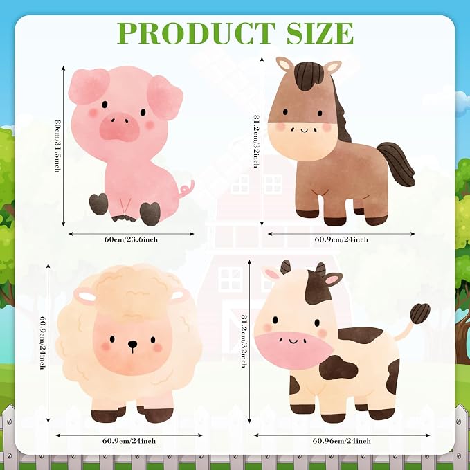 Honoson 4 Pcs Large 24" x 32" Farm Animals Cardboard Cutouts, Farm Animal Party Decoration Yard Signs for Baby Shower Birthday Supplies Barn Lawn Classroom Photo Backdrop Decor