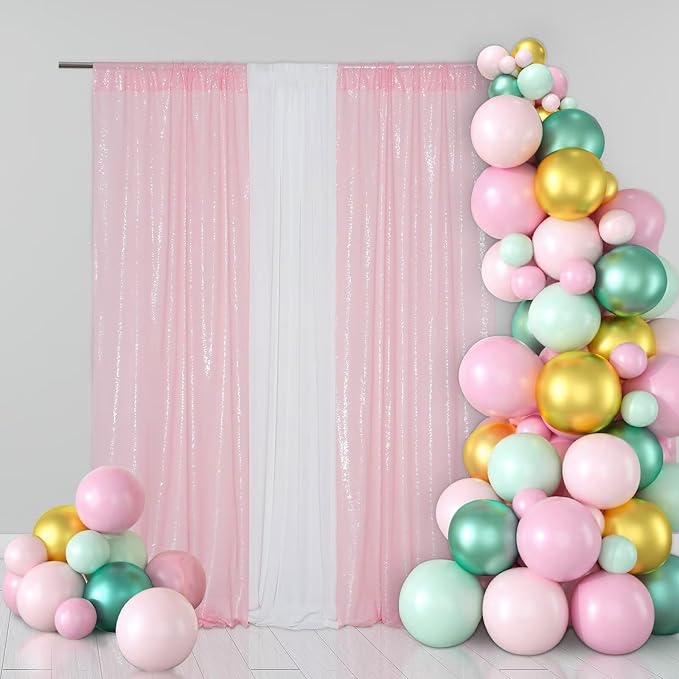 Eternal Beauty Sequin Backdrop Curtains, 2x8 Ft-2 Panels Pink Back Drop for Mother's Day Shimmer Photography Party Wedding Birthday Decor