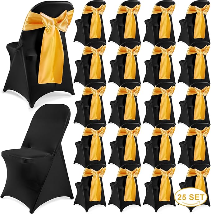 Lounsweer 50 Pcs Folding Chair Cover Set with 25 Stretch Spandex Slipcovers 25 Satin Chair Sashes Bows Ribbon Washable Banquet Protector for Wedding Event Party(Black, Gold)