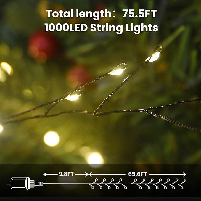 Dailyart Fairy Lights Plug in, 1000 Led Twinkle String Light with Remote 75Ft Waterproof 8 Modes Warm Cluster Lights with Timer for Bedroom Wreath Window Wedding Christmas Tree Decoration,Black Wire