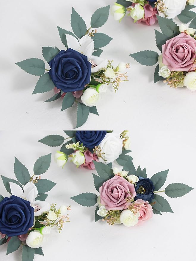 Rinlong 3Pcs Pre-made Cake Flowers Navy Blue Pink Cake Decorations Wedding Cake Decorating Flowers Decor Birthday Baptism Party Artificial Flowers Cake Toppers