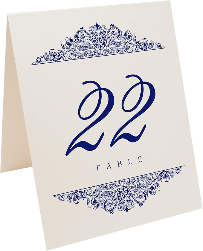 Paisley Wedding Table Numbers (Select Color/Quantity), Champagne, Navy, 1-125, Double Sided, Tent or Use in a Stand, Great for Parties & Restaurants - Made in the USA