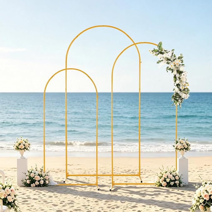 Vincidern Metal Wedding Arch Backdrop Stand Set of 3, Party Arch Stand, Balloon Arch Backdrop for Wedding, Baby Shower, Birthday Party, Bridal Shower, Graduation Decor, Gold (6.6FT, 5.9FT, 4.9FT)
