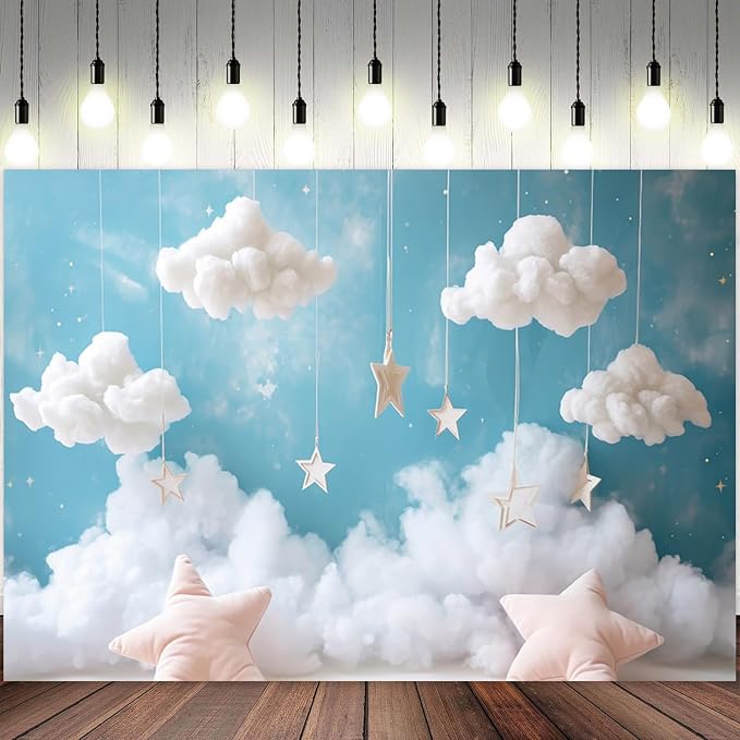 8x6ft Cloud Backdrop Sky Starry Star White Blue Photography Background Baby Shower Banner Baby Birthday Party Decoration Newborn Photoshoot Prop Cake Smash Photo Booth Prop