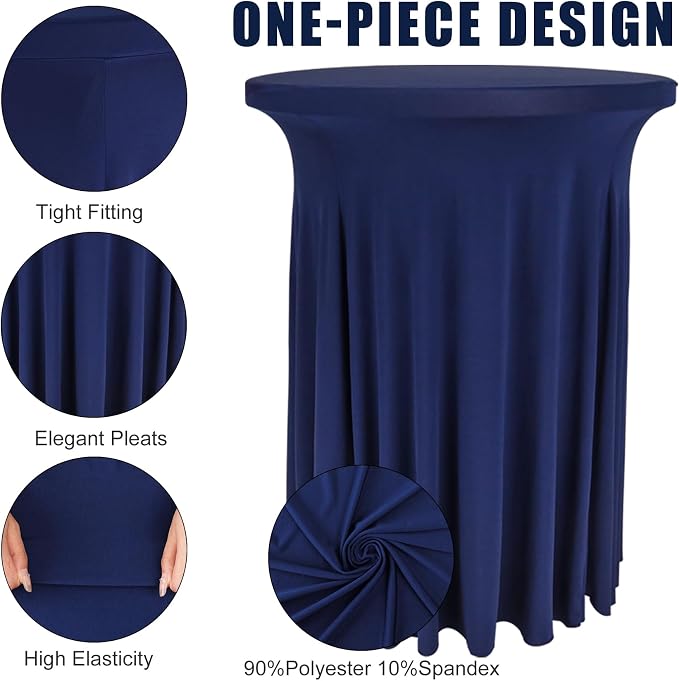 Fivenl 6 Pack Round Cocktail Tablecloth 32"x 43" Spandex Cocktail Table Skirt, Washable Stretch Fitted Table Covers for High Top Bar,Wedding,Party,Events (Navy Blue)