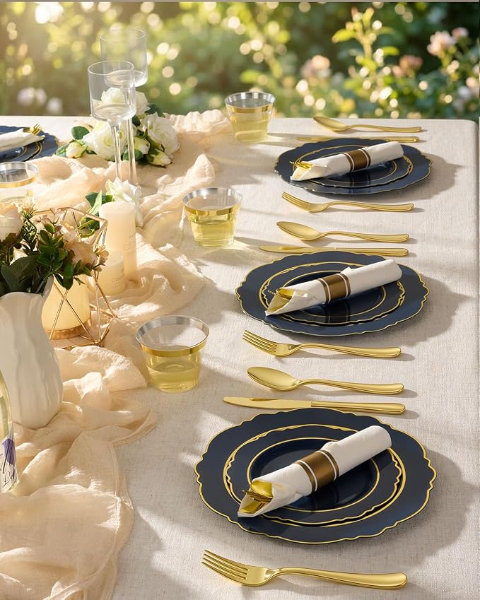 realluck 350 Piece Navy Blue Plastic Dinnerware Set for 50 Guests Elegant Disposable Dinnerware for Weddings, Parties, 100 Plastic Plates, 50 Pre Rolled Napkins with Silverware, 50 Cups