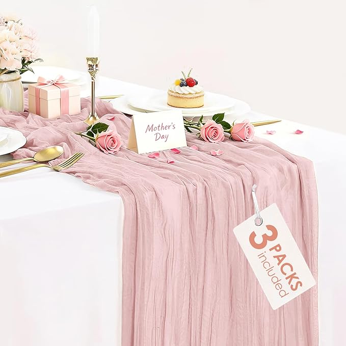 3 Pack Dusty Pink Cheesecloth Table Runner 35x120inch, 10FT Spring Summer Gauze Fabric Pink Table Runner Rustic Sheer Cheese Cloth Runners for Wedding Bridal Shower Boho Table Decor