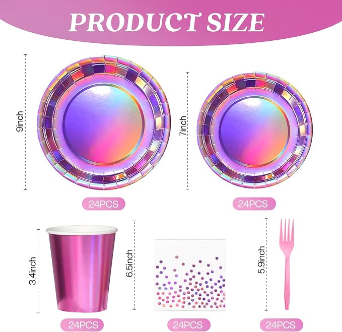 Pink Iridescent Party Supplies Holographic Birthday Decorations with Pink Paper Plates Napkins Cups Forks Tablecloth Birthday Banner & Star Garlands Kpop Disco Y2K Party Serve 24 (Iridescent Pink)