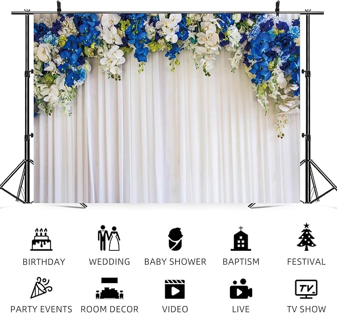 5x4ft White Wedding Backdrop White Blue Floral Flowers Photography Background Bride Groom Ceremony Party Bridal Shower Banner Decorations Engagement Proposal Portrait Photo Booth Prop
