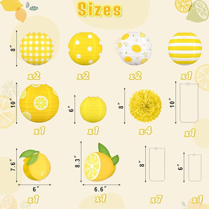 Renbuzhu 15PCS Summer Lemon Party Decorations Paper Lanterns Pom Poms Hanging Swirls Yellow Theme Lemonade Stand Italian Decor for Birthday Home Backyard Indoor Outdoor