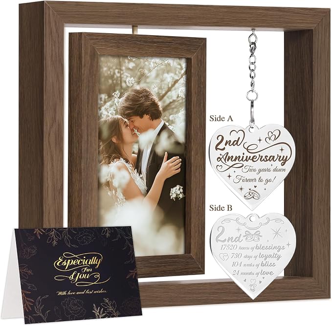 2 Year Anniversary Picture Frame Gifts for Him Her Couple Men Women Husband Wife Boyfriend Girlfriend,Best 2nd Anniversary Wood Cotton Gifts, Two Year Second Anniversary Wedding Gift