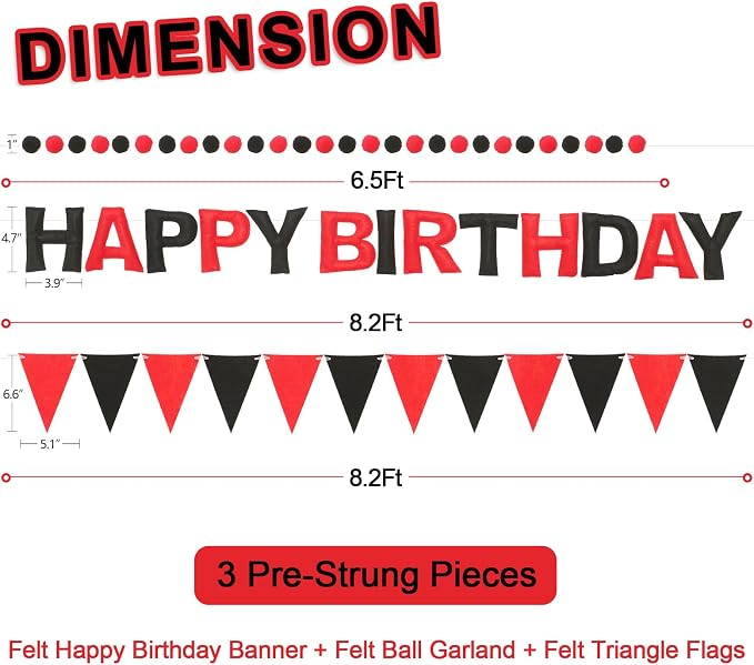 Pre-Strung Happy Birthday Banner & Felt Garland Set - Red & Black Birthday Decorations for Women Men Boys Girls | Reusable Party Supplies for Indoor & Outdoor