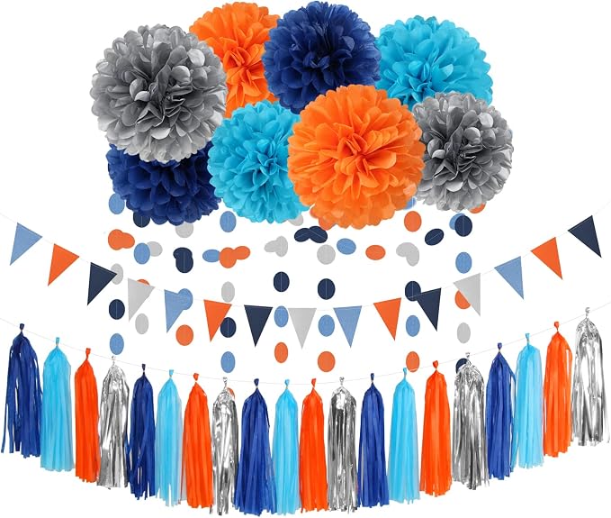Blue-Silver Orange Space Party-Decorations Streamers-Garland - 30pcs Graduation 2026 Tissue Pom Poms,Tassel Banner Backdrop Birthday Boy Baby Shower Decor Bunting Lasting Surprise