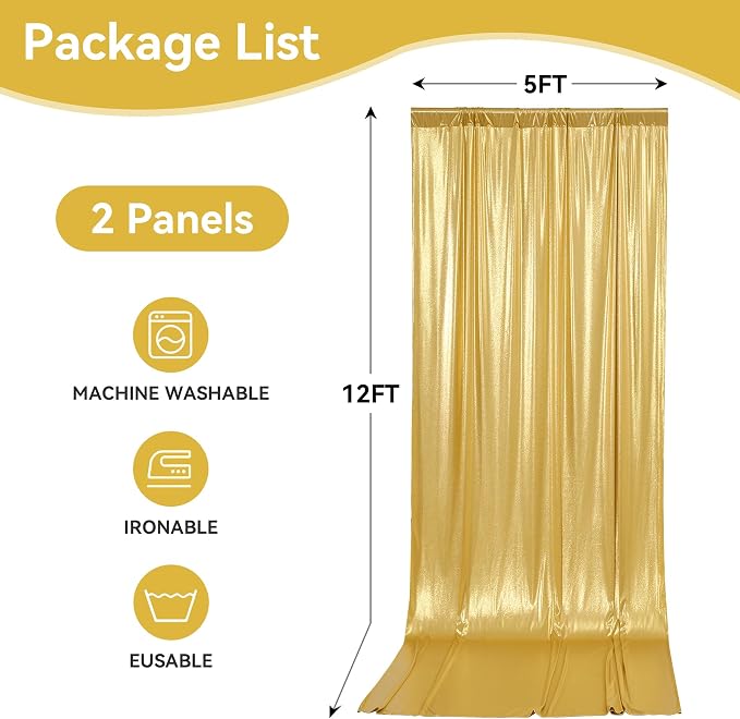 10x12ft Glitter Gold Backdrop Curtains, Sequin Curtains Wrinkle Free Polyester Drapes, Shimmer Back Drop Curtains for Parties Banquet Wedding Birthday Photography Background, 2 Panels 5x12ft