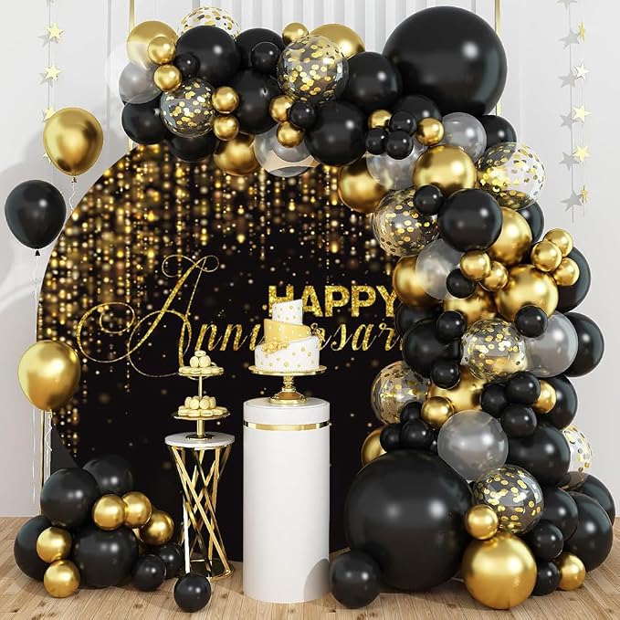 Happy Anniversary Round Backdrop Cover Black and Gold Glitter Bokeh Dots Wedding Anniversary Photo Background Bridal Shower Miss to Mrs Wedding Party Decorations Circular Arch Cover 7.5ft