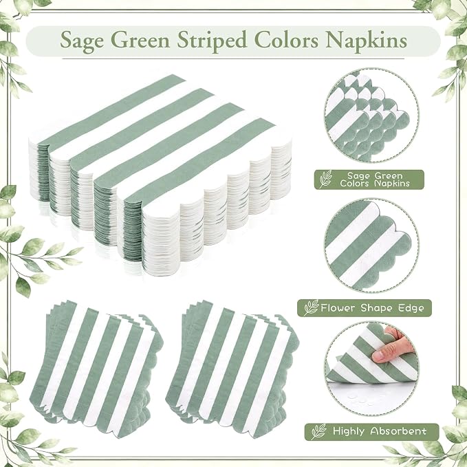 Mimorou 350 Pcs Sage Green Striped Paper Plates and Napkins for 50 Guests, Green White Striped Disposable Tableware Set Sage Plates Cup Napkins Spoon Fork Knife for Baby Shower Birthday Party Supplies