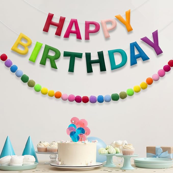 Bosctanuc 118 Inch Pre Strung Happy Birthday Banner, Felt Ball Garland Happy Birthday Garland, Rainbow Birth Day Decor Party Favor, Multi-Color String Balls, Resuable Rainbow Banner
