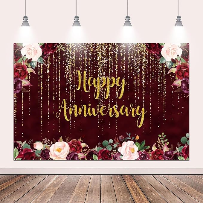 12x8ft Happy Anniversary Backdrop, Gold Glitter Burgundy Wedding Anniversary Photography Background 1st 40th 50th 72th Couple Wedding Women Birthday Floral Party Decorations Cake Table Decor