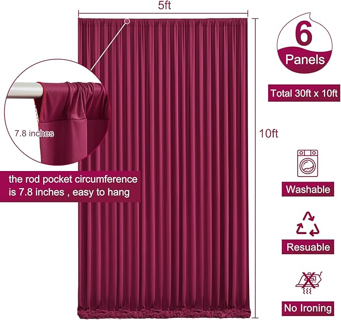 30ft x 10ft Burgundy Backdrop Curtain for Parties Wedding Maroon Wrinkle Free Backdrop Drapes Panels for Birthday Party Bridal Shower Photo Photography Polyester Fabric Background Decoration