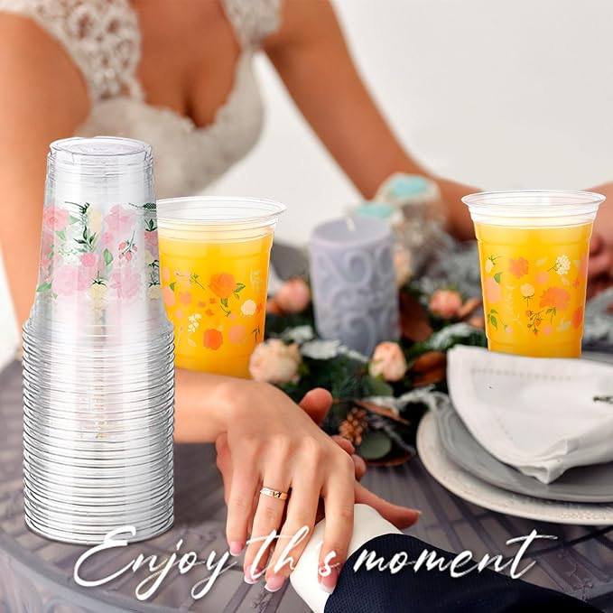 Hushee Wedding Floral 60 Pcs Party Cups 16 oz Plastic Disposable Drinking Cups for Birthday Love Baby in Bloom Baby Shower Summer Fresh off The Market Bridal Shower Decorations Supplies