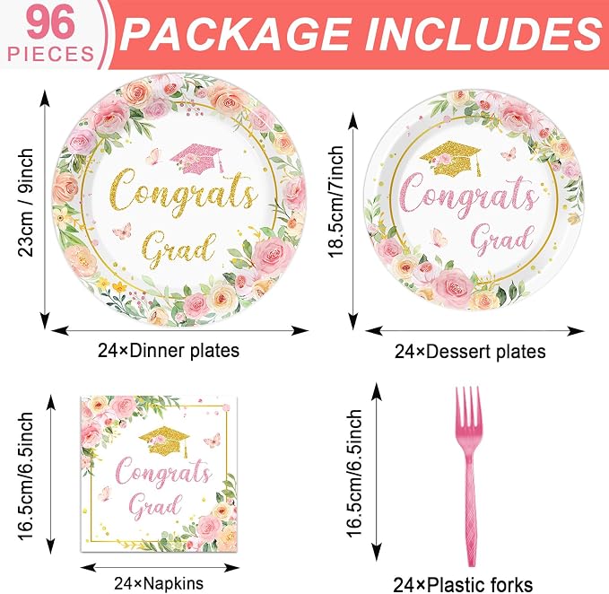 96Pcs Class of 2026 Graduation Party Supplies Floral Congrats Grad 2026 Plates and Napkins Pink Bachelor Cap Grad Tableware Disposable Dessert Dinnerware for Women Graduation Party for 24 Guests