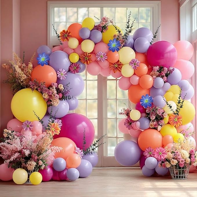 Hot Pink Purple Balloon Arch Double Stuffed Balloons with Artificial Flowers Eucalyptus Leaves Pastel Yellow Peach Magenta Latex Garland for Wildflower Birthday Baby Shower Wedding Floral Party Decor