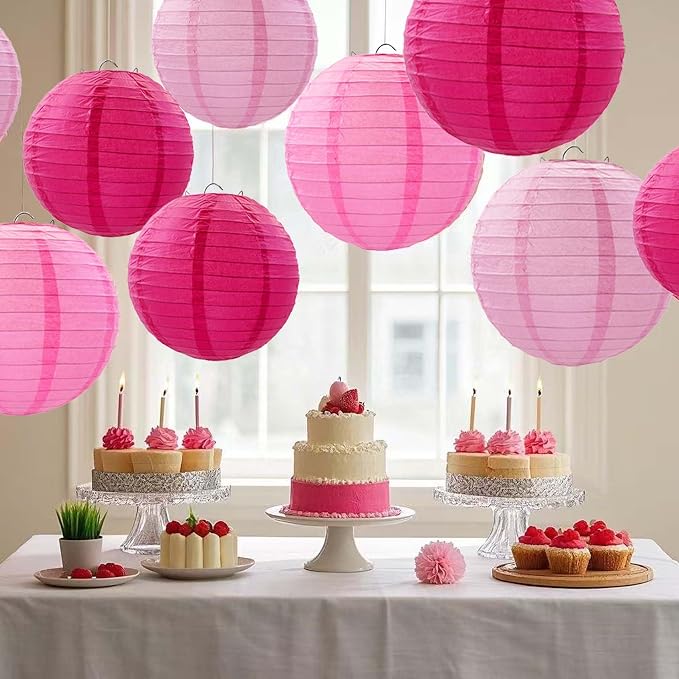 Pink Paper Lanterns 12Pcs Hanging Lanterns for Birthday Party, Wedding, Home Decor, Baby Shower Festive Decoration