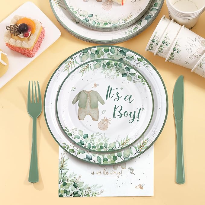 Sage Green Baby Shower Decorations Boy,A Sweet Baby Boy is on His Way Woodland Theme Party Supplies It's a Boe Tableware Set Serves 24 Guests includes Disposable Plates Cups Napkins and Cutlery