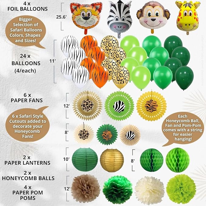 207 Pc Jungle Baby Shower Decorations for Boy - Safari Theme Party Kit | Safari baby shower decor for boy - balloons, banner, animal cutouts, paper fans, guest book, games & sash; easy 15-min setup