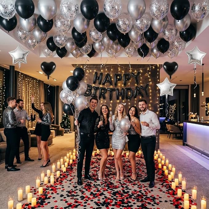 Romantic Birthday Decorations for Men with Black Silver Balloons, Happy Birthday Banner, Tea Lights and Rose Petals, Birthday Decorations for Boyfriend Husband Anniversary Surprise Room Decor (73PCS)